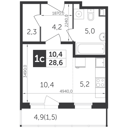 Студия, 28.6 м²