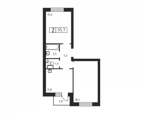 2-комнатная, 55.7 м²