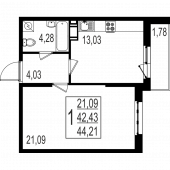 1-комнатная квартира 44.21 м²