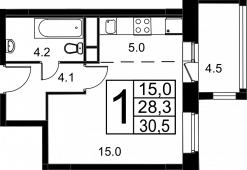 1-комнатная квартира 30,55 м²