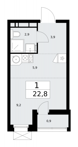 1-комнатная, 22.8 м²