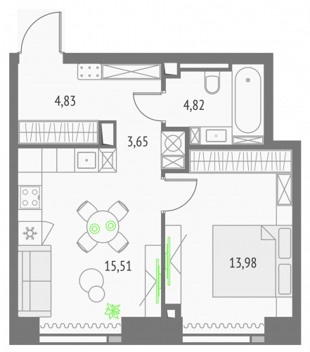 1-комнатная, квартира, 42.79 м²