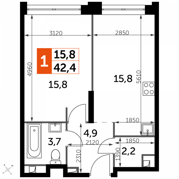 1 комната до 42.4