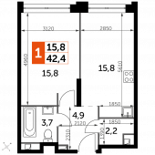 1-комнатная квартира 42,4 м²