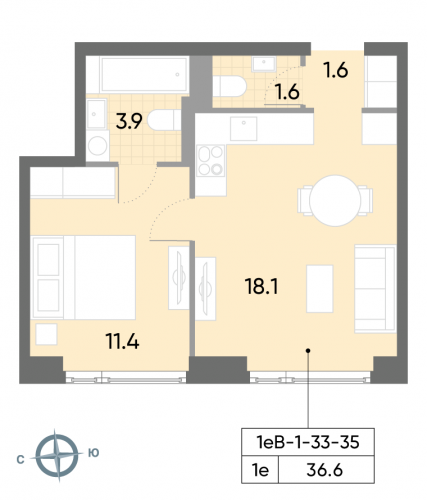 1-комнатная, квартира, 36.6 м²