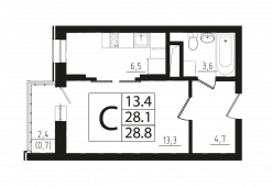 1-комнатная квартира 28,8 м²
