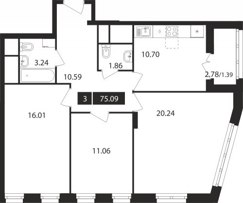 3-комнатная, квартира, 75.09 м²