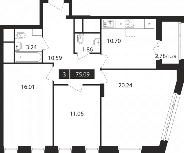 3-комнатная, квартира, 75.09 м²