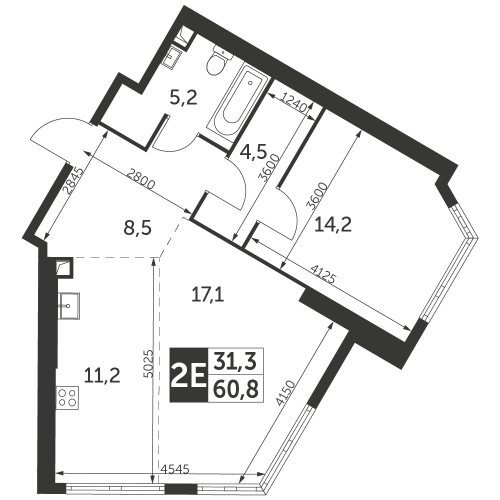 2-комнатная, квартира, 60.7 м²