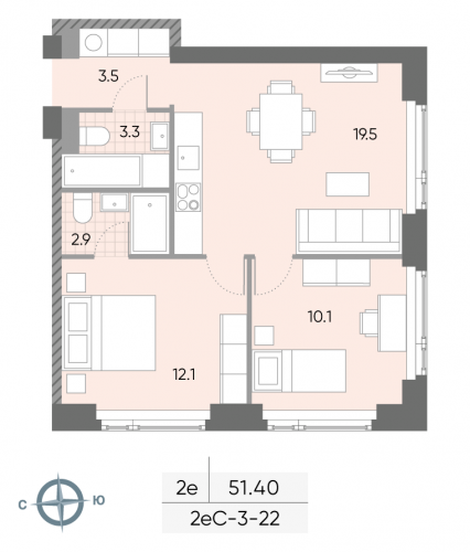 2-комнатная, квартира, 51.4 м²
