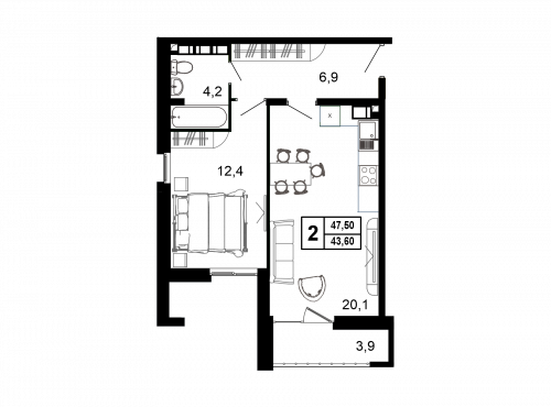 2-комнатная, 45.4 м²