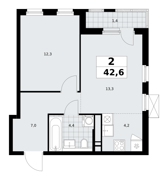2 комнаты до 42.6
