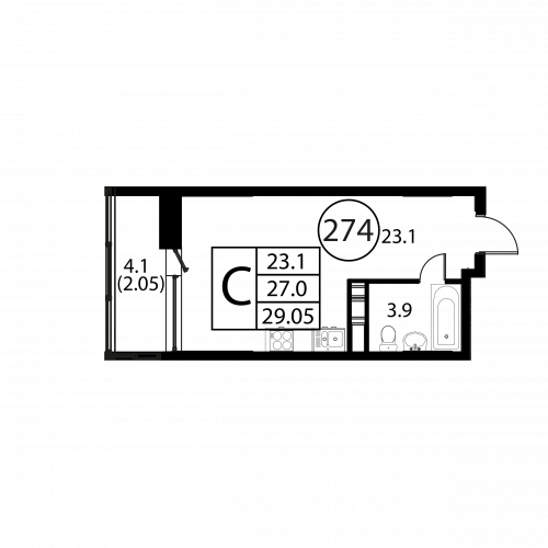 Студия, 29.05 м²