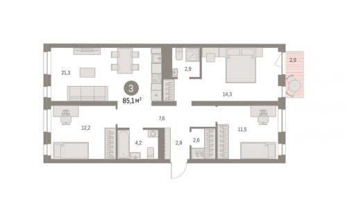 3-комнатная, 85.07 м²