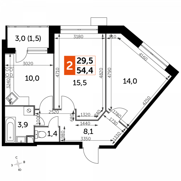 2 комнаты до 54.4