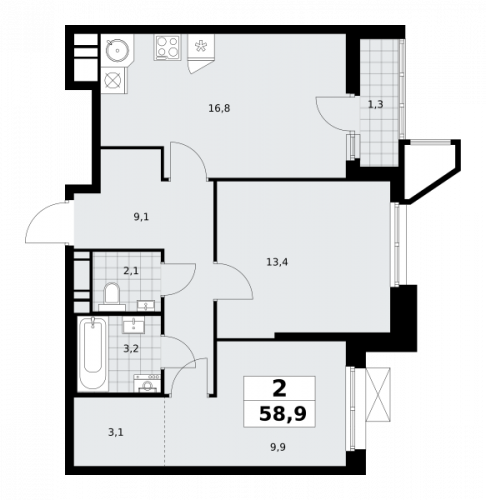 2-комнатная, 58.9 м²