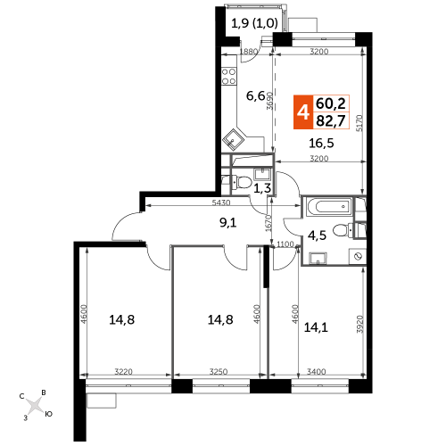 Многокомнатная, 82.7 м²