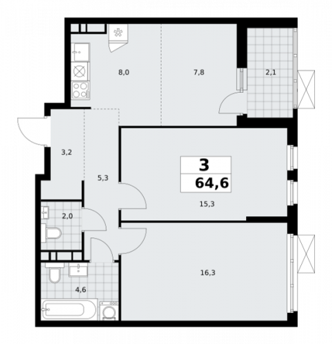 3-комнатная, 64.6 м²