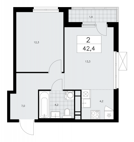 2-комнатная, 42.4 м²