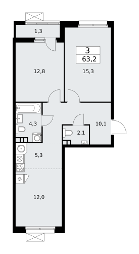 3-комнатная, 63.2 м²