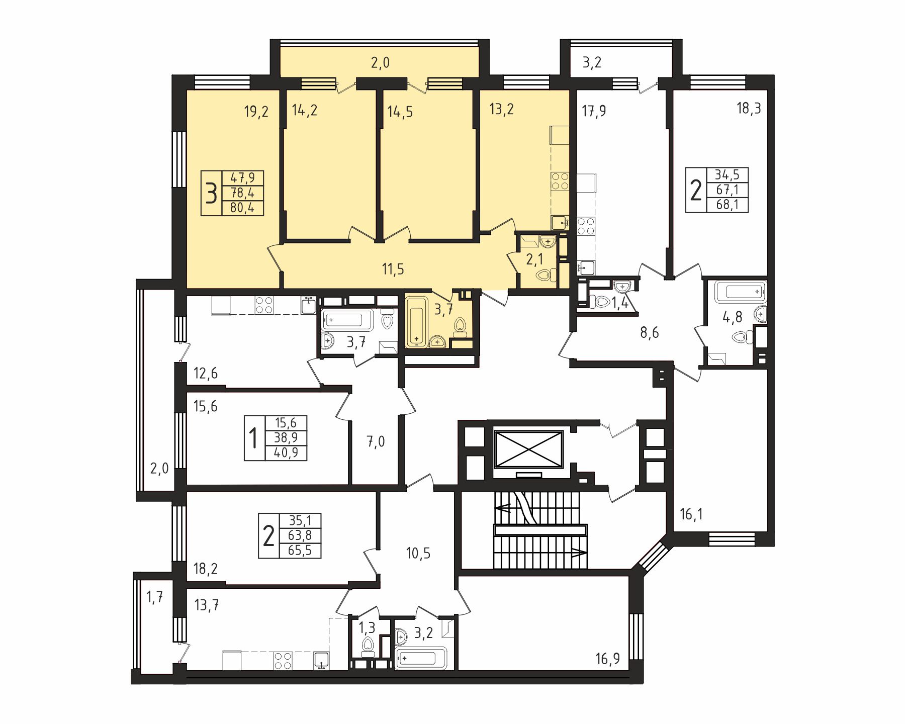 3-комнатная квартира №127, 80,4 м² за 12,91 млн руб. в ЖК «Пироговская Ривьера» - планировка