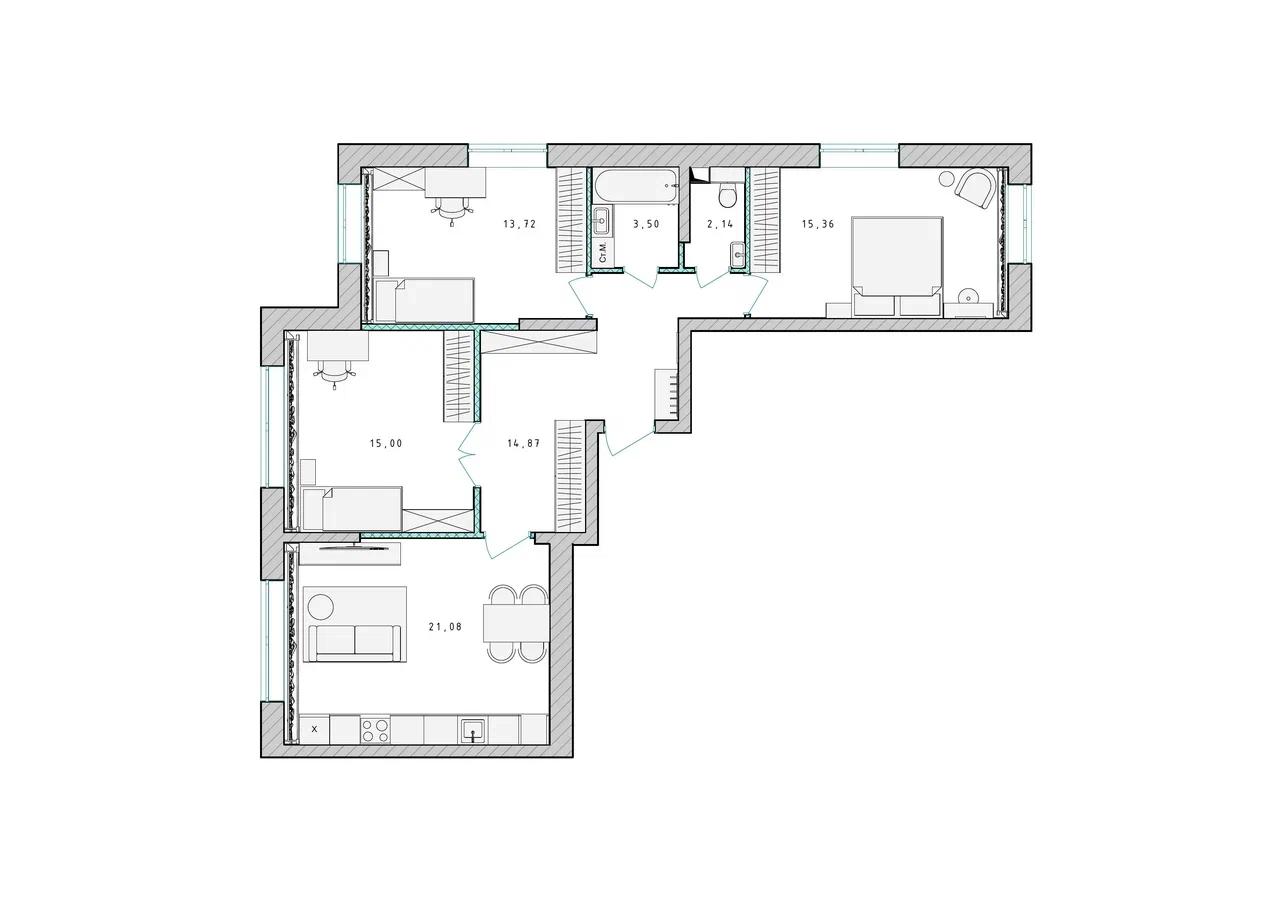 3-комнатная квартира №1, 85,9 м² за 10,57 млн руб. в ЖК «Серебро» - планировка