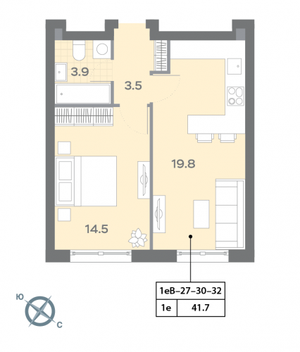 1-комнатная, квартира, 41.8 м²