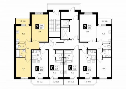 2-комнатная, квартира, 60.7 м²