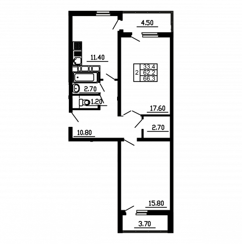 2-комнатная, квартира, 66.3 м²