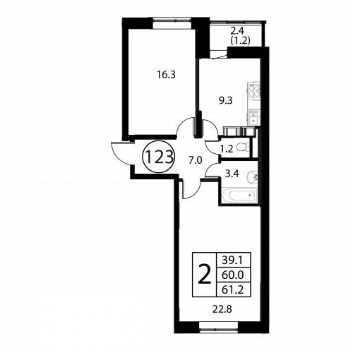 2-комнатная, квартира, 61.2 м²