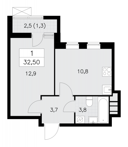 1-комнатная, 32.4 м²