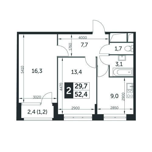 2-комнатная, квартира, 52.3 м²