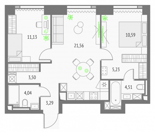 2-комнатная, квартира, 63.85 м²