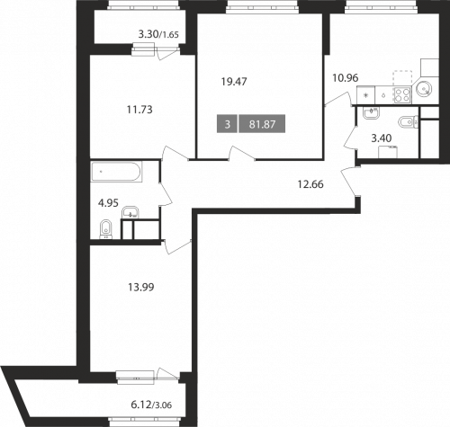 3-комнатная, квартира, 81.87 м²