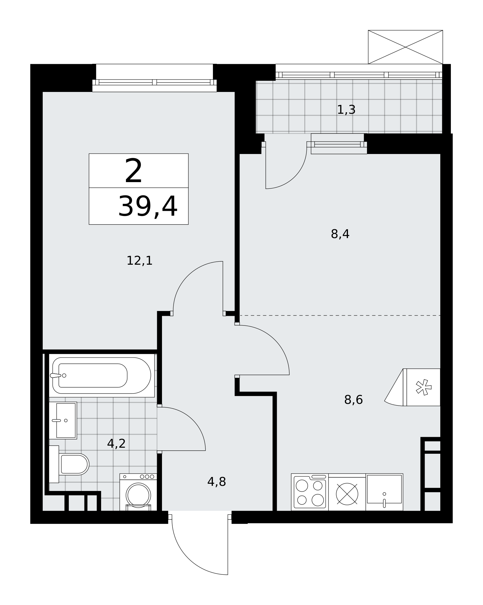 2-комнатная квартира №24К-25.5-724, 39,4 м² за 11,95 млн руб. в ЖК «Скандинавия» - планировка