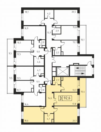 3-комнатная, квартира, 92.6 м²