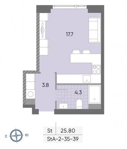 Студия, 25.8 м²