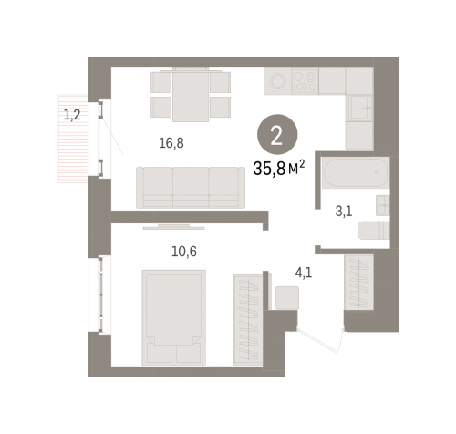 2-комнатная, квартира, 35.8 м²