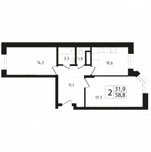 2-комнатная, квартира, 58.6 м²