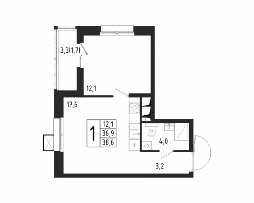 1-комнатная, квартира, 38.6 м²