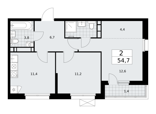 2-комнатная, 54.7 м²