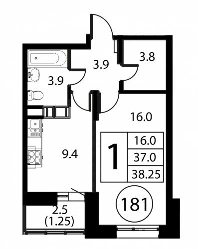 1-комнатная, квартира, 38.25 м²