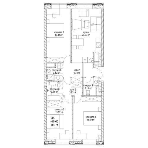 3-комнатная, квартира, 85.94 м²