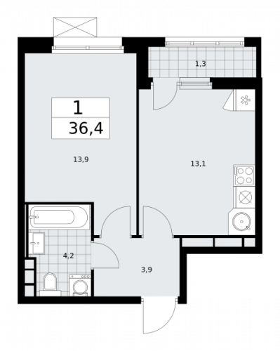 1-комнатная, 36.4 м²