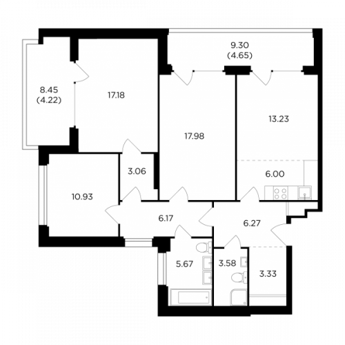 Многокомнатная, 102.27 м²