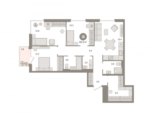 3-комнатная, квартира, 82.54 м²