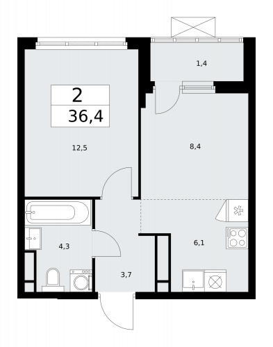 2-комнатная, 36.4 м²