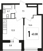 1-комнатная квартира 43 м²