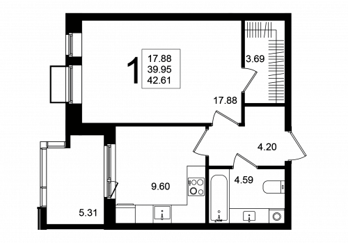 1-комнатная, квартира, 42.61 м²