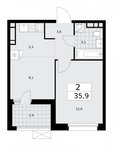 2-комнатная, 35.9 м²